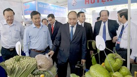 Thủ tướng thăm các gian hàng trưng bày sản phẩm của các DN đang đầu tư tại Tiền Giang. Ảnh: VGP