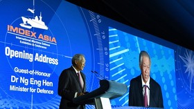 Minister of Defence Ng Eng Hen delivers the opening address at the International Maritime Defence Exhibition & Conference (IMDEX) Asia 2019. (Source: www.mindef.gov.sg)