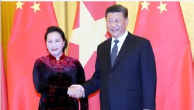 NA Chairwoman Nguyen Thi Kim Ngan (left) meets with Chinese Party General Secretary and President Xi Jinping (Source: VNA)