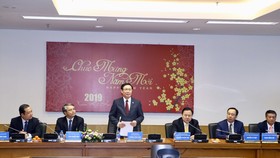 Phó Thủ tướng Vương Đình Huệ phát biểu tại cuộc làm việc tại VNPT. Ảnh: VGP
