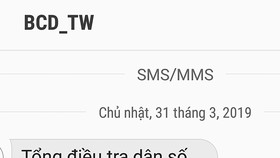 Tin nhắn có nội dung nhắc nhở người dân hưởng ứng cung cấp thông tin cho cuộc tổng điều tra dân số và nhà ở