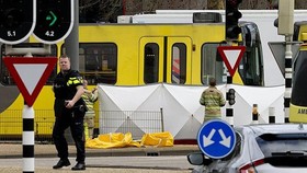 Cảnh sát phong tỏa hiện trường vụ xả súng trên tàu điện tại TP Utrecht, Hà Lan, ngày 18-3. (Ảnh: AP)