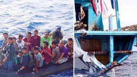 Một nhóm ngư dân được đưa vào bờ và tàu cá bị thiệt hại. Ảnh: Hải quân Philippines