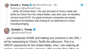 Tổng thống Donald Trump kêu gọi các công ty Mỹ rời bỏ Trung Quốc trên trang Twitter cá nhân