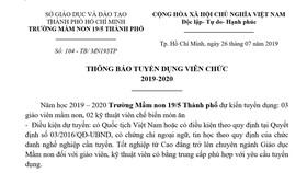 Trường Mầm non 19/5 Thành phố thông báo tuyển dụng viên chức 2019-2020