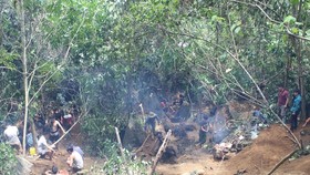 Khu vực núi đá (bãi Bưởi), xã Liễu Đô, huyện Lục Yên có hàng trăm người dân rầm rộ lên khai thác đá quý. Ảnh: TTXVN