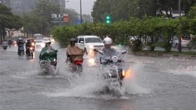 Ngập nước mỗi khi mưa lớn tại đường Nguyễn Hữu Cảnh, quận Bình Thạnh. (Ảnh: Xuân Dự/TTXVN)