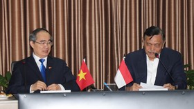 Bí thư Thành ủy TPHCM Nguyễn Thiện Nhân trao đổi cùng ông Luhut Binsar Pandjatan, Bộ trưởng Bộ Điều phối Hàng hải Indonesia. Ảnh: KIỀU PHONG