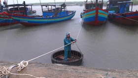 Người dân tổ chức chằng néo tàu thuyền đảm bảo an toàn tại âu thuyền Cửa Sót, xã Thạch Kim, huyện Lộc Hà, tỉnh Hà Tĩnh