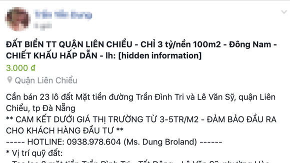 Facebook Trần Yến Dung đã bị Công an quận Liên chiểu phạt 10 triệu đồng vì thông tin bán đất không đúng sự thật