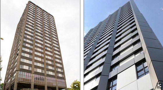 Tháp Grenfell trước và sau khi được làm đẹp. Ảnh: PA