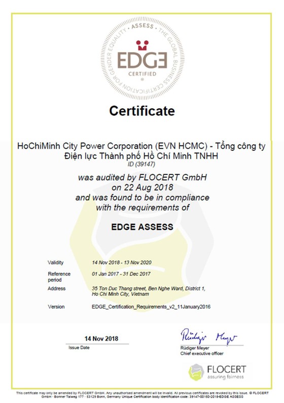 EVNHCMC nhận Chứng chỉ bình đẳng giới toàn cầu ảnh 1
