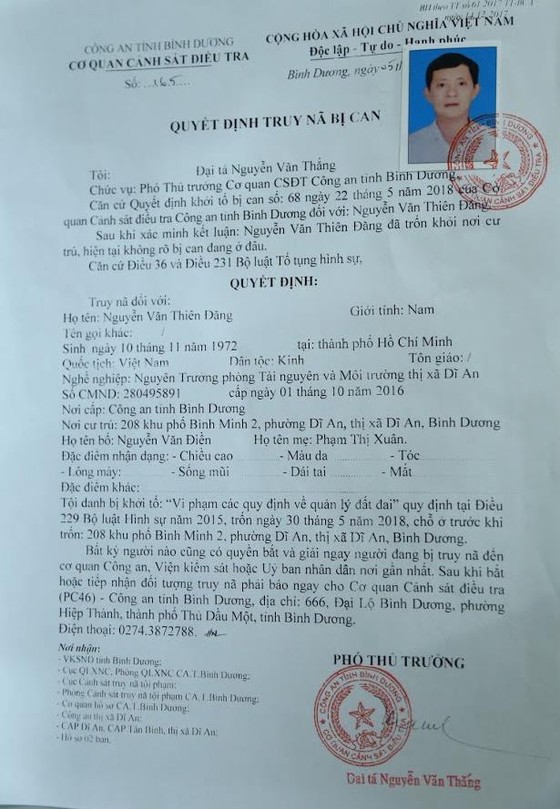 Truy nã nguyên Trưởng phòng Tài nguyên Môi Trường thị xã Dĩ An, tỉnh Bình Dương ảnh 1