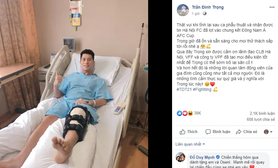 Đình Trọng bày tỏ trên trang cá nhân sau khi phẫu thuật thành công tại Singapore.
