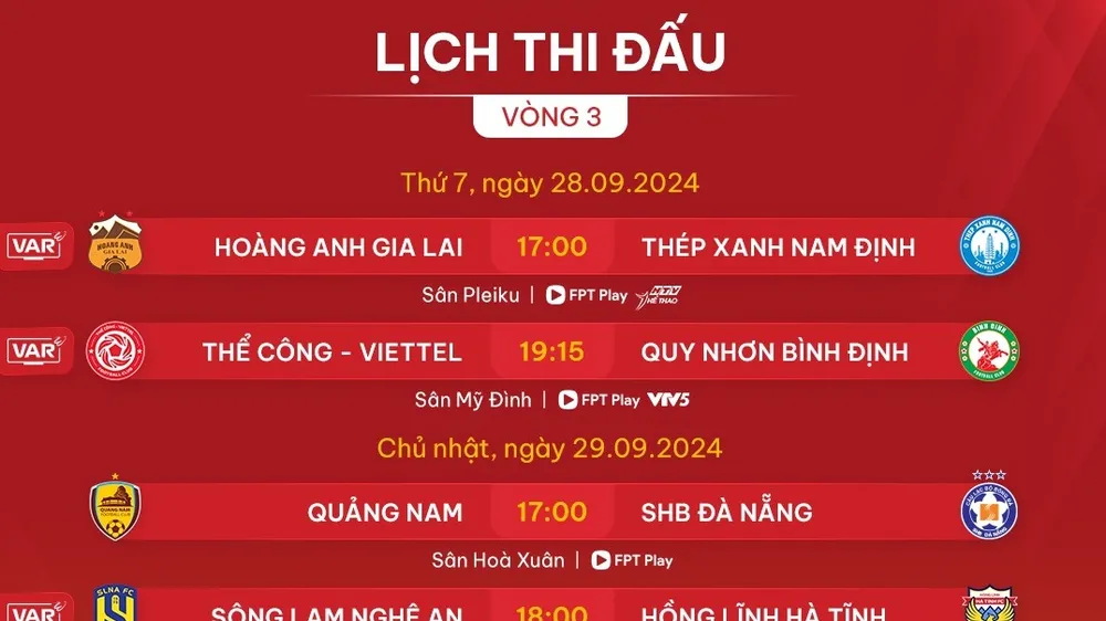 Lịch thi đấu vòng 3 V-League 2024-2025