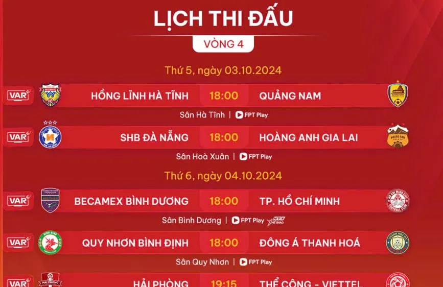 Lịch thi đấu vòng 4 V-League 2024-2025