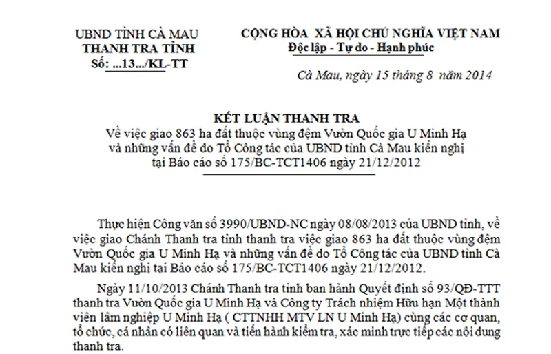 Kết luận số 13/2014 của Thanh tra tỉnh Cà Mau được cho là nguồn cơn dẫn đến công sơn làm giả công văn