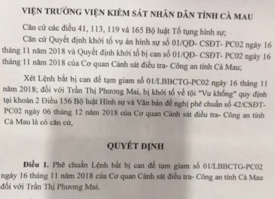 Quyết định phê chuẩn lệnh bắt bị can Trần Thị Phương Mai