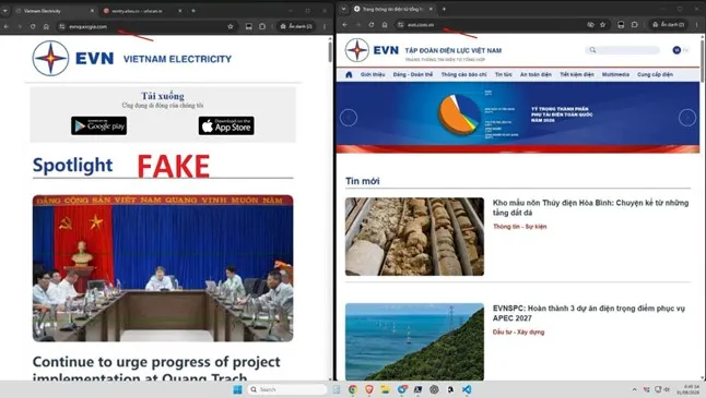 Giao diện trang web giả mạo có các nút tải giả mạo huy hiệu/logo Google Play và App Store (bên trái) nhằm dụ dỗ người dùng tải về file ứng dụng độc hại mang tên "CSKH EVNSPC"