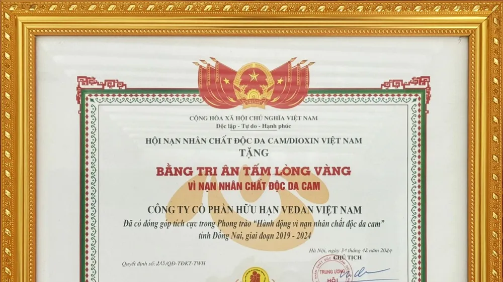 Công ty Vedan Việt Nam nhận bằng tri ân của Trung ương hội nạn nhân chất độc da cam/dioxin 