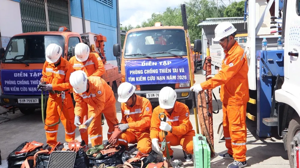 Nhân viên Công ty Điện lực Tân Thuận, TPHCM, tập trung tại vị trí diễn tập cột điện đổ hàng loạt (ẢNH: MINH HOA)