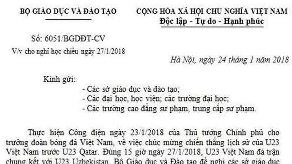 Đề nghị công an điều tra người giả mạo công văn cho học sinh nghỉ học xem trận chung kết