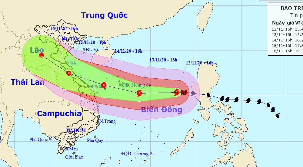 Dự báo đường đi của cơn bão số 13. Ảnh: TTDBKTTVQG