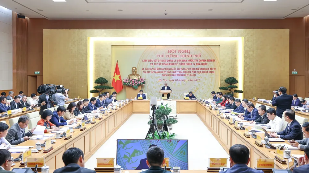 Thủ tướng Phạm Minh Chính làm việc với Ủy ban Quản lý vốn Nhà nước tại doanh nghiệp và các tập đoàn kinh tế, tổng công ty nhà nước. Ảnh: VIẾT CHUNG