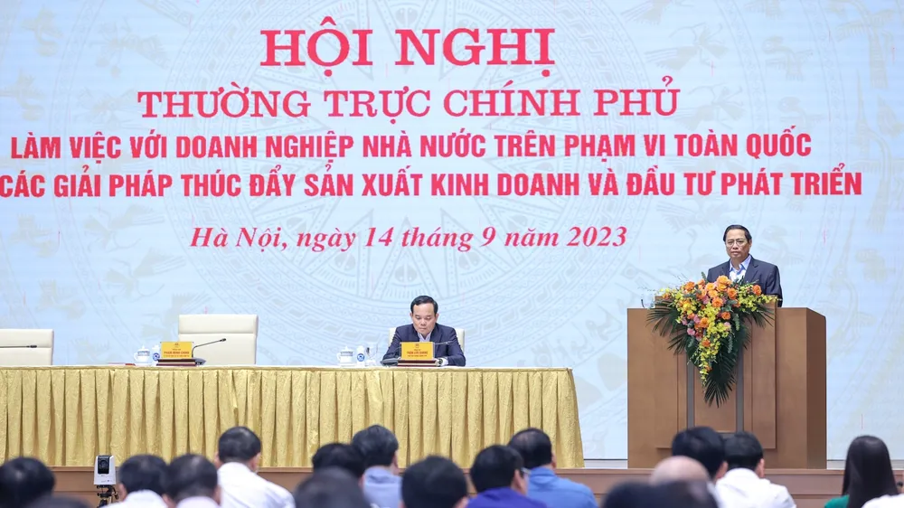 Thủ tướng Phạm Minh Chính chủ trì hội nghị của Thường trực Chính phủ làm việc với DNNN, sáng 14-9. Ảnh: VIẾT CHUNG