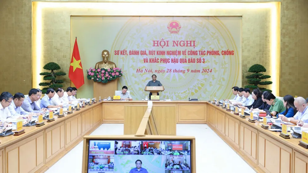 Hội nghị trực tuyến sơ kết, đánh giá, rút kinh nghiệm về công tác phòng chống và khắc phục hậu quả bão số 3. Ảnh: VIẾT CHUNG