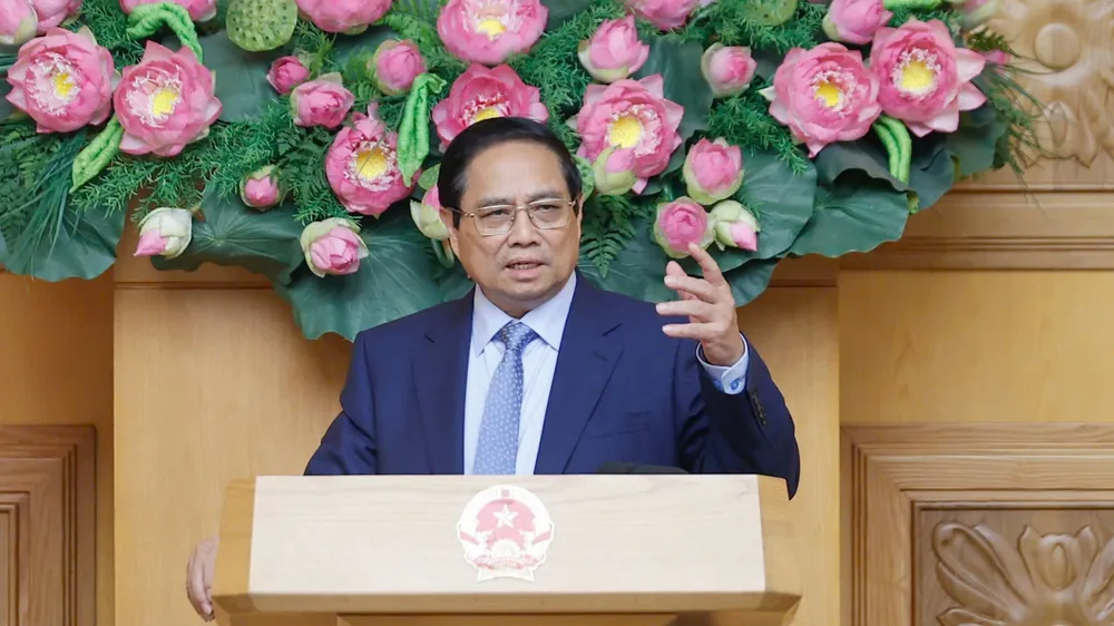 Thủ tướng Phạm Minh Chính phát biểu tại cuộc làm việc với đại diện các doanh nghiệp Hoa Kỳ đang đầu tư, kinh doanh tại Việt Nam. Ảnh: VIẾT CHUNG
