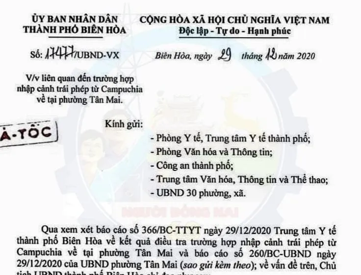Biên Hòa thông báo hỏa tốc về trường hợp nhập cảnh trái phép