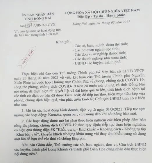 Đồng Nai cho phép mở lại một số hoạt động