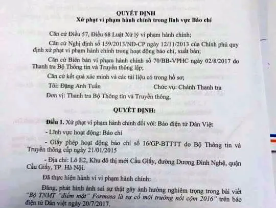 Báo điện tử Dân Việt bị xử phạt vì đưa sai thông tin liên quan đến Formosa