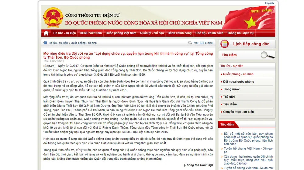 Mở rộng điều tra vụ án tại Tổng công ty Thái Sơn, Bộ Quốc phòng