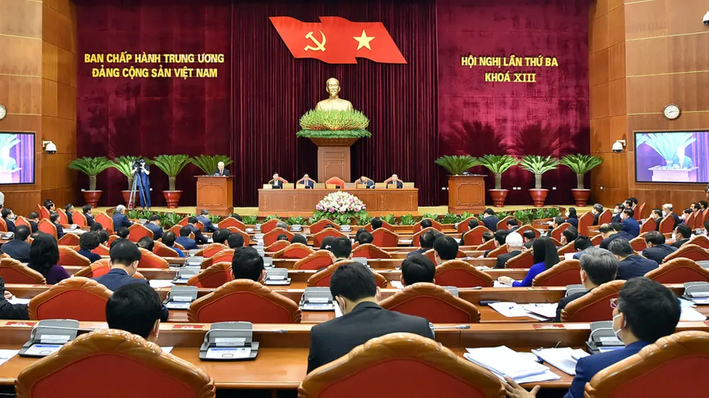 Toàn cảnh phiên khai mạc Hội nghị lần thứ 3 Ban Chấp hành Trung ương Đảng khóa XIII, sáng 5-7. Ảnh: VIẾT CHUNG