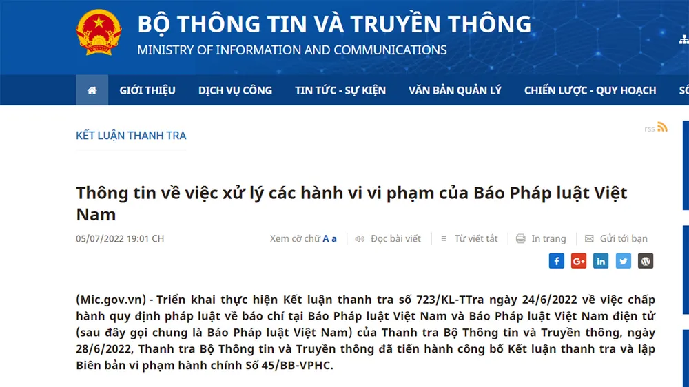 Báo Pháp luật Việt Nam bị phạt 325 triệu đồng và đình bản ấn phẩm điện tử 3 tháng