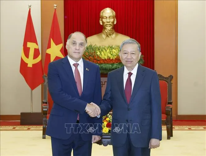 Tổng Bí thư Tô Lâm tiếp Thư ký Hội đồng An ninh quốc gia Belarus A.Volfovich. Ảnh: TTXVN 