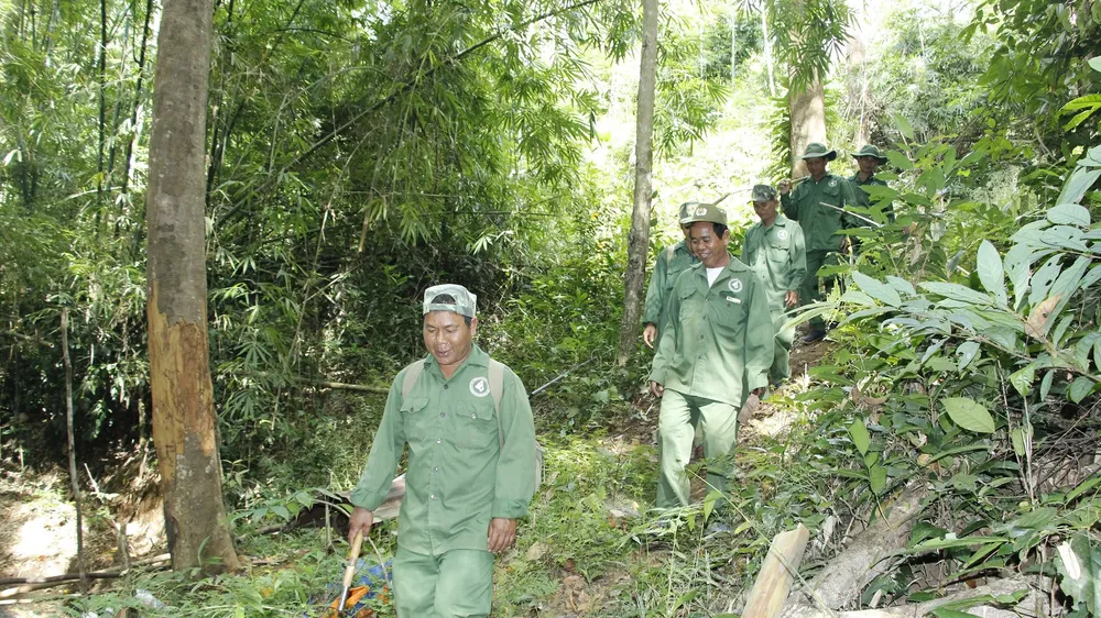 Cộng đồng nhận khoán bảo vệ rừng thôn Bù Dốt, xã Bù Gia Mập, huyện Bù Gia Mập tuần tra rừng đặc dụng Vườn quốc gia Bù Gia Mập
