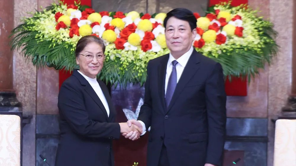 Chủ tịch nước Lương Cường tiếp Phó Chủ tịch nước Lào Pany Yathotou. Ảnh: TTXVN