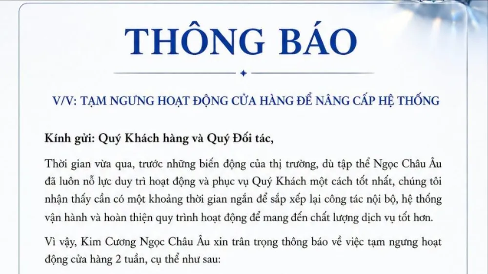 Thông báo được đăng trên Fanpage của Kim cương Ngọc Châu Âu