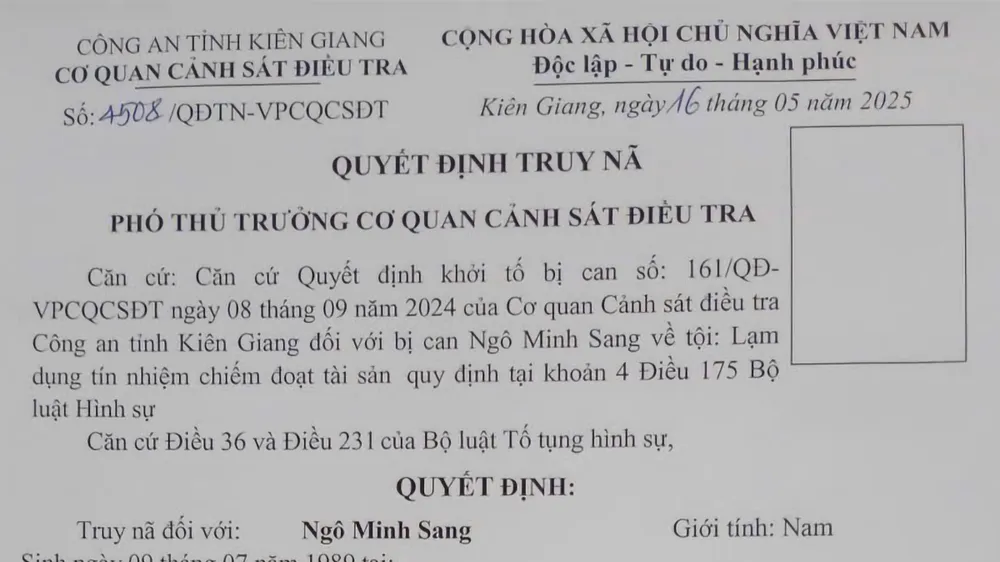 Quyết định truy nã đối tượng Ngô Minh Sang