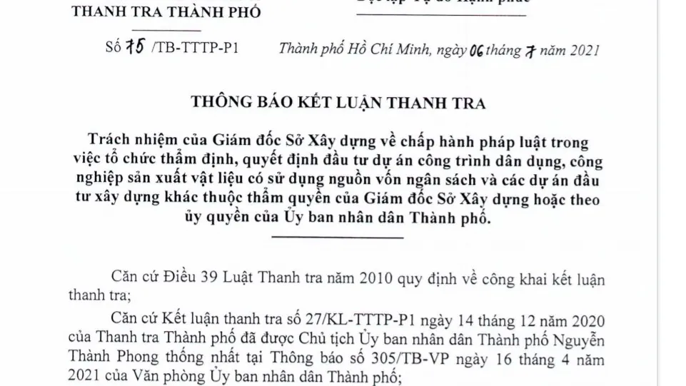 Sở Xây dựng TPHCM có nhiều thiếu sót trong công tác tham mưu