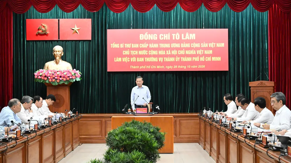 Tổng Bí thư, Chủ tịch nước Tô Lâm chủ trì buổi làm việc với Ban Thường vụ Thành ủy TPHCM. Ảnh: VIỆT DŨNG
