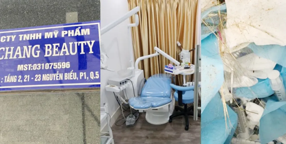 Bên dưới chung cư là biển hiệu “Công ty TNHH Mỹ phẩm Chang Beauty”, tại tầng 2 chung cư là cơ sở dịch vụ thẩm mỹ nhưng có chứng cứ của phẫu thuật thẩm mỹ trái phép