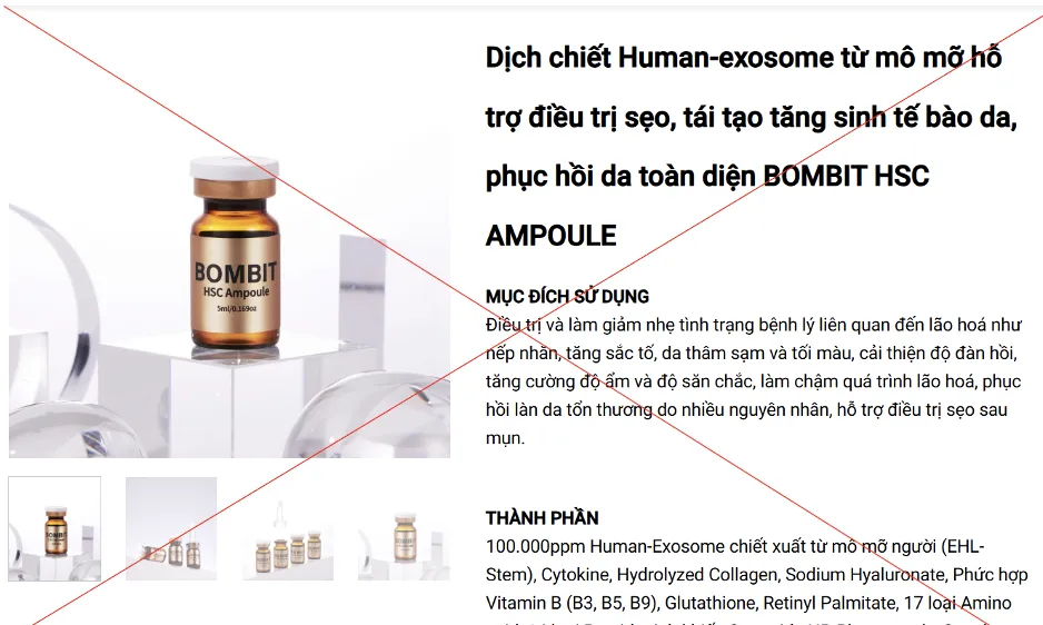 Quảng cáo BOMBIT HSC là “…Human-Exosome chiết xuất từ mô mỡ người…” 