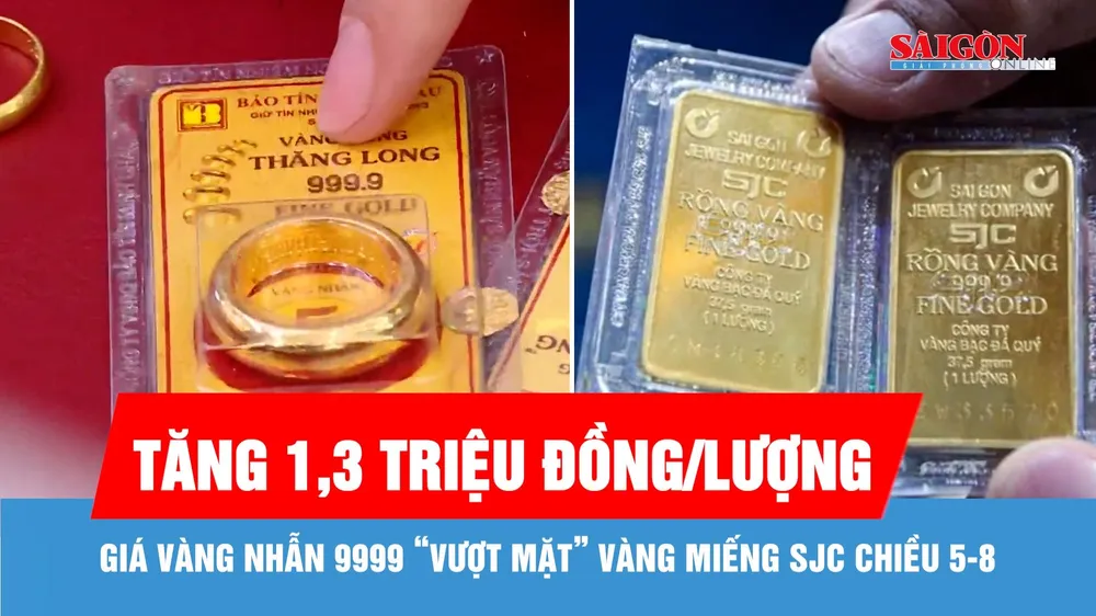 Chiều 5-8, giá vàng nhẫn 9999 tăng mạnh hơn vàng miếng SJC
