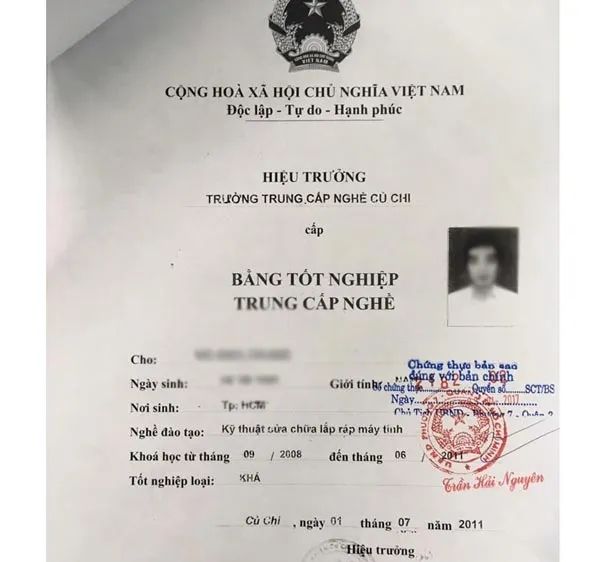 Bằng tốt nghiệp Trung cấp nghề của thí sinh V.A.T