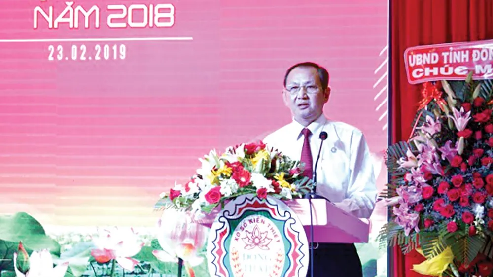 Ông Lưu Hoàng Tân - Chủ tịch kiêm giám đốc Công ty TNHH MTV Xổ số kiến thiết Đồng Tháp phát biểu chào mừng hội nghị