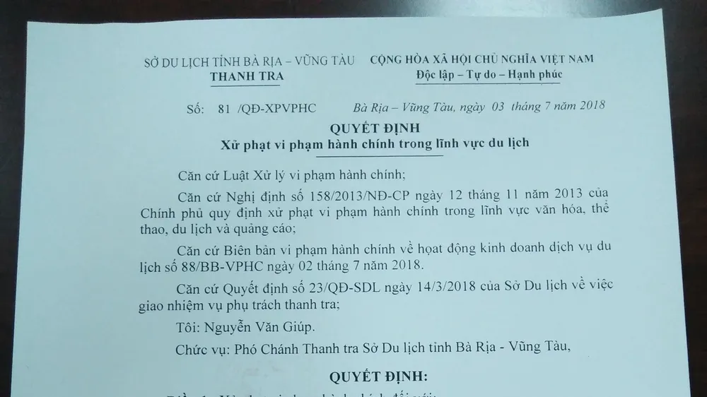  Quyết định xử phạt khu du lịch Thiên Ân 